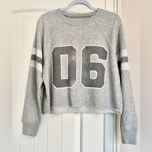 Aerie Light Gray Knit Sweatshirt with Raw Hem and Striped Sleeves